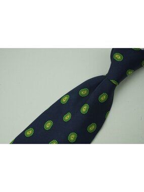 Mariano Rubinacci Navy Blue Lime Green Paisley Silk Tie BRAND NEW